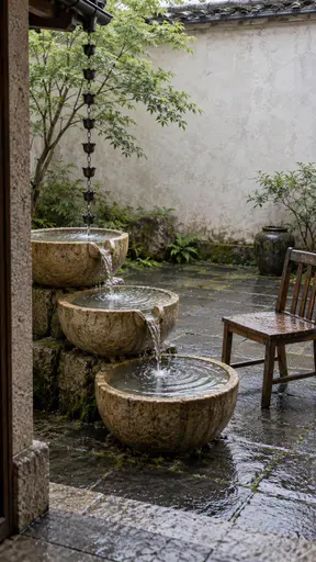 Threshold view of a courtyard where a rain chain feeds three stepped warm limestone bowls spilling into each other with ripple rings, an empty rain-beaded wooden chair angled toward them against a mossy wall base.