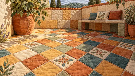 A courtyard floor paved in square terracotta, ochre, teal and cream tiles with a large pot, a plant and a low wall with a bench in joined fabric patches.