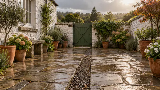 The stone slab floor of a small whitewashed courtyard slopes gently toward a shallow central gravel drain, a thin sheet of rainwater running across the slabs into the gravel with a few puddles in the low spots and a green wooden gate behind.