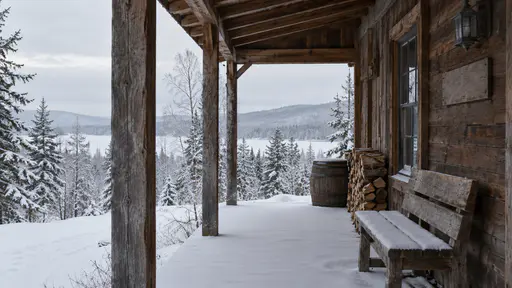 The covered exterior porch of a cabin shows its roofline and plain timber posts above the snowy porch floor in flat winter light.