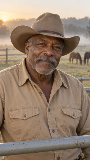 A weathered Black man in his early sixties with a grey moustache and stubble, a worn light-brown felt cowboy hat and a sand canvas work shirt, leaning on a paddock gate at dawn with horses grazing in the mist behind him.