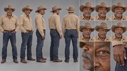 A 16:9 studio character sheet of a man in a worn felt cowboy hat and sand work shirt with a grey moustache, dark jeans and brown boots, shown in five full-body views, six expressions and three close details.