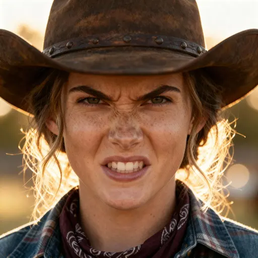 Cowgirl showcases an expression of intense fury.