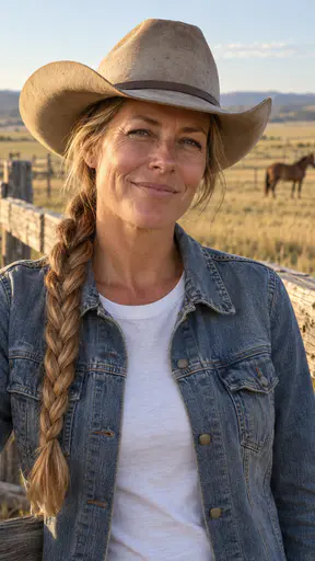 A lean sun-browned woman in her mid forties with a thick honey-blonde plait, a dusty tan felt cowboy hat and a faded denim jacket over a white shirt, at a wooden fence with a pasture and a horse behind her.