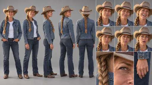 A 16:9 studio character sheet of a woman in a tan felt cowboy hat and denim jacket with a honey-blonde plait, dark jeans and brown boots, shown in five full-body views, six expressions and three close details.