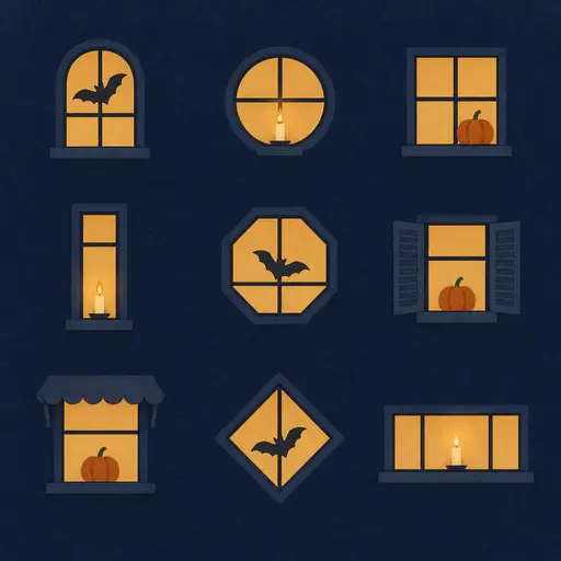 Halloween wrapping paper pattern concept: a controlled grid of nine small varied windows in a dark house facade, each window showing one simple seasonal detail — a bat, a lit candle or a small pumpkin — cozy and uncluttered.