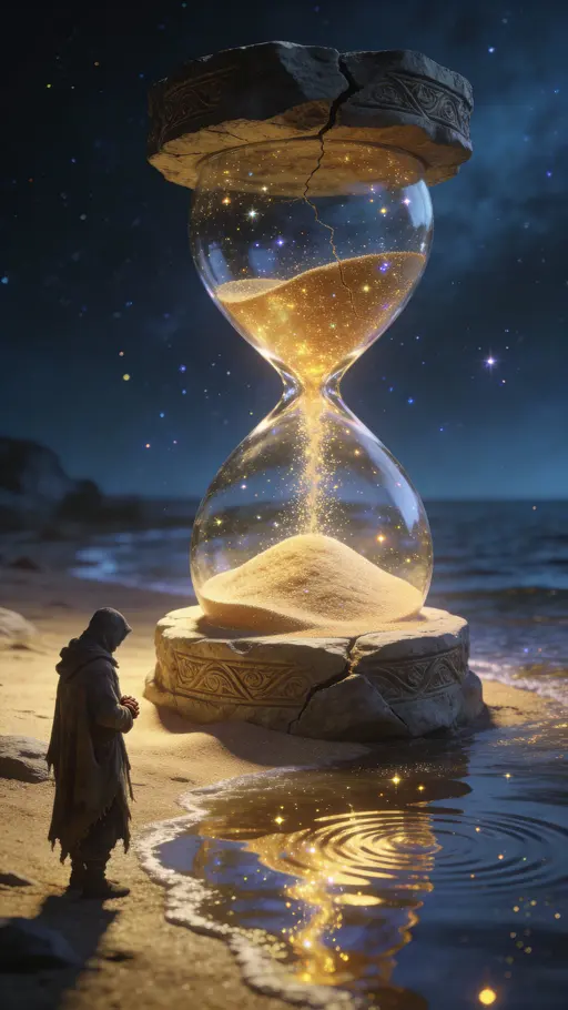 A cracked stone hourglass leaks golden cosmic sand that drifts like stardust above a reflective shoreline while a solitary traveler watches, creating a symbolic, poetic cinematic fantasy in a tall 9:16 frame.