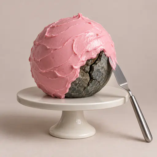 Sugarcoating the truth: a cracked gray stone sphere on a plain ceramic cake stand, three quarters buried under smooth pink frosting with one fractured quarter exposed, a steel palette knife resting with its tip at the coated boundary, soft bakery light.