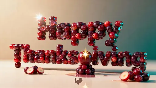 A cinematic 16:9 scene of “Happy Thanksgiving” formed from glossy, tightly packed cranberry spheres in ruby and wine tones on a warm off-white plane with condensation, selective focus, and a tiny hidden turkey silhouette.