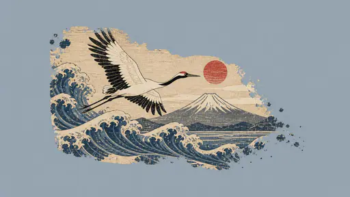 Mokuhanga woodblock slice of a crane flying over stylized indigo waves toward a snow-capped peak, dissolving into ink flecks on a mist grey-blue field.