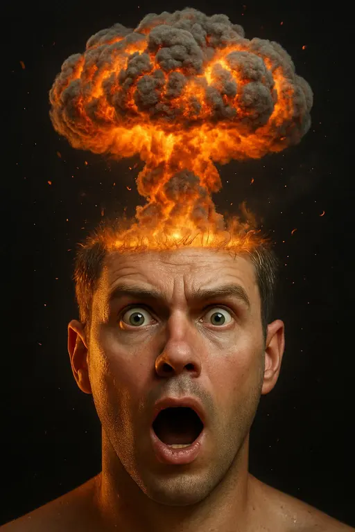 A single floating male head dominates a vertical frame as an atomic mushroom cloud erupts from the exposed scalp, every hair and expression line amplifying the blast. Hyperreal skin detail meets ash and glowing embers, rim-lit against a near-black void for a visceral, shocking revelation.