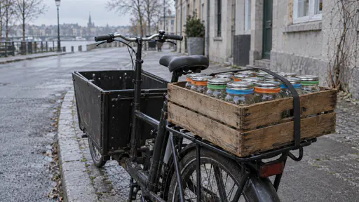 A wooden crate of filled sealed clear glass jars with orange, green and blue silicone rings is strapped down on the back of a small cargo bike parked at a kerb in cool early light, an empty street behind.