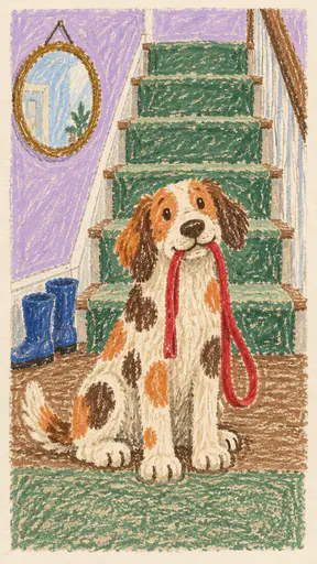 A large orange and brown spotted dog at the bottom of five stairs with a red leash in its mouth, a round hall mirror, blue boots, lilac wall and green stair carpet.