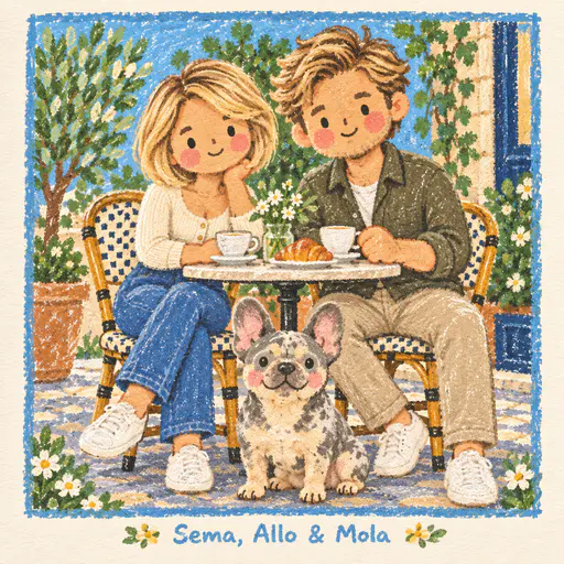 Crayon drawing of a smiling dot-eyed couple and their bulldog at a café table inside a textured frame.