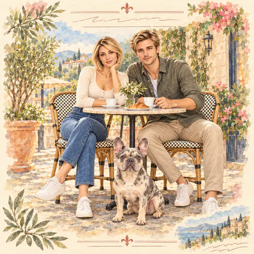 Watercolor cafe poster with botanical borders showing a couple with coffee at a bistro table and a merle French bulldog on cream paper