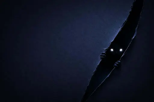 3:2 scene of a minimal midnight-blue field with left negative space; a diagonal tear at the right reveals a darker pocket where a small creature peeks, two dim glowing eyes visible.