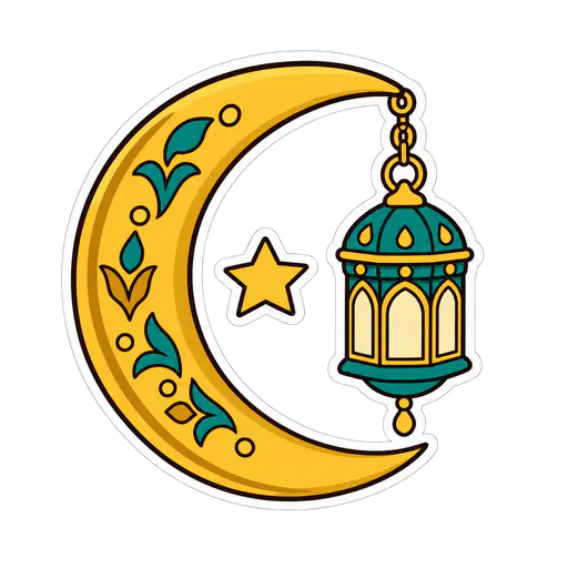 A flat cartoon sticker with a white outline on a transparent background showing a golden crescent moon, a small star and a hanging teal and gold lantern.