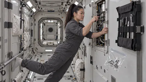 A powerfully built woman with a thick black high ponytail in a plain slate-grey crew jumpsuit floats upright in a narrow habitat service corridor with one foot hooked under a handrail working a plain hand tool at an open access panel beside a tool roll strapped to the wall in cool white light.