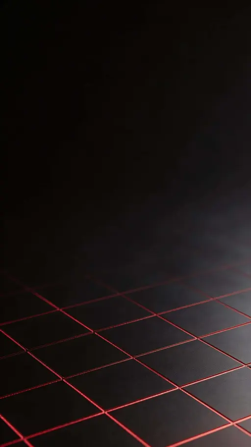 Near-black 9:16 wallpaper with a sparse, micro-engraved crimson grid rising from the lower half and fading into a calm, darker top third, with soft grazing haze.