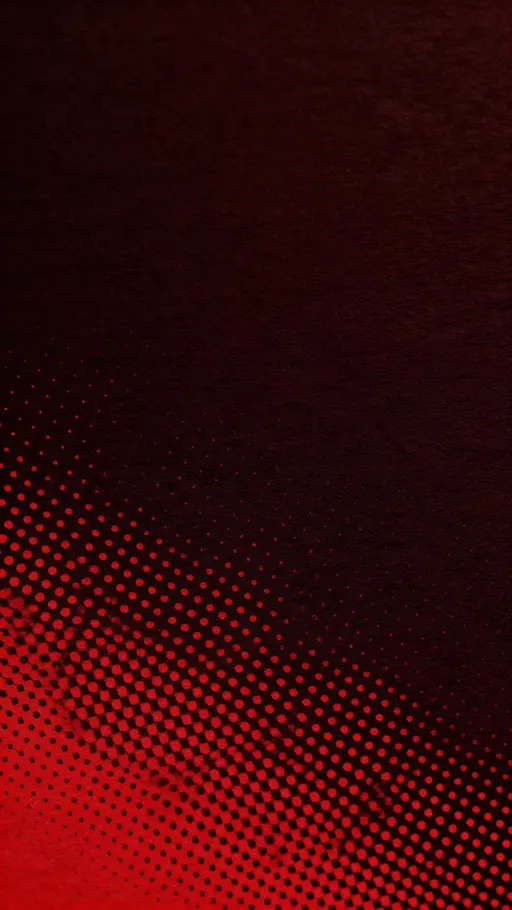 Vertical 9:16 wallpaper of a seamless crimson halftone field rising from dense, off-center dots into a calm dark top plate, with subtle ink spread and paper grain.