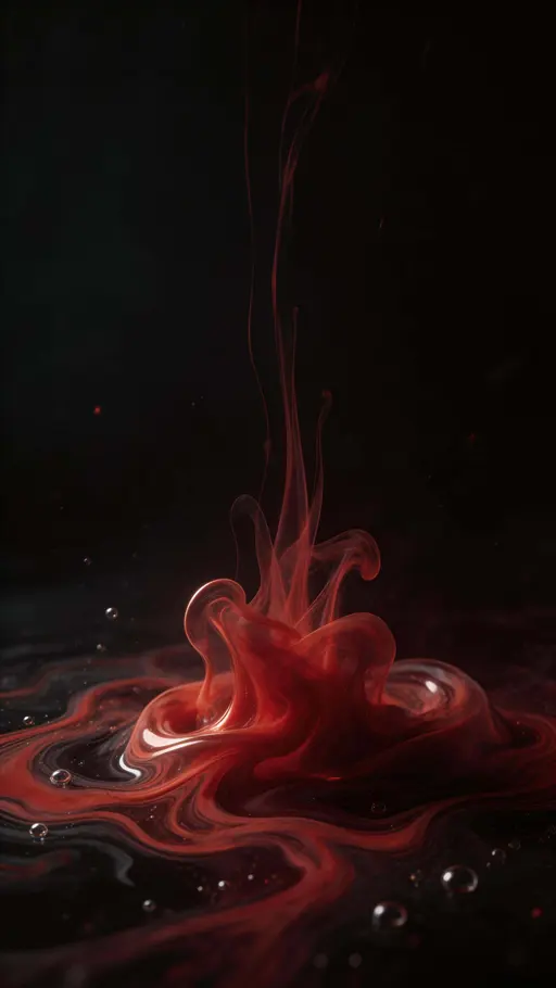 Abstract 9:16 macro photograph of crimson ink rising through charcoal-black liquid into marble-like ribbons anchored in the lower third, tapering into thin tendrils.