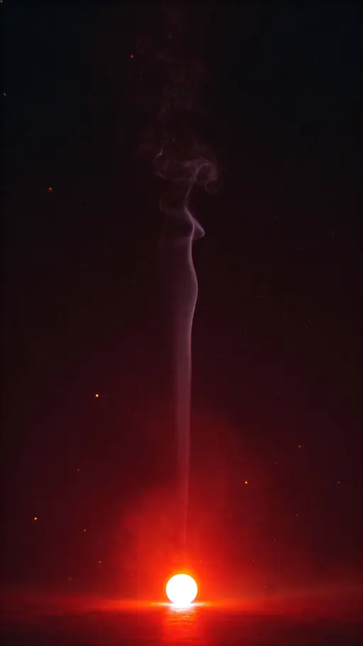 Vertical 9:16 wallpaper with a low-center glowing crimson nucleus diffusing upward into black, soft haze and subtle vertical smoke, faint grain and vignette.