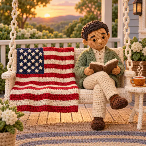 Porch swing draped with a crocheted flag blanket with yarn stripes and square stars. Thirteen stripes and a neat canton come handmade.