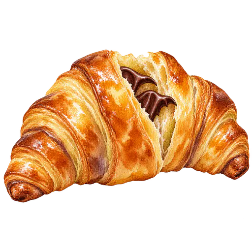 Watercolor illustration of a golden crescent croissant, cracked slightly open along its middle with two small dark-chocolate folds shaped like tiny bat wings peeking out; no face, floating on transparency, usable as halloween bakery clipart.