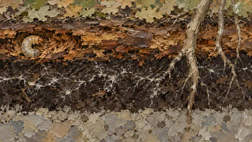 A cold wax painting of a woodland soil cross-section in layers: leaf litter on top, a crumbling oak log with a curled beetle larva, dark humus threaded with white fungal strands, and pale mineral soil, with tree roots growing down through them.