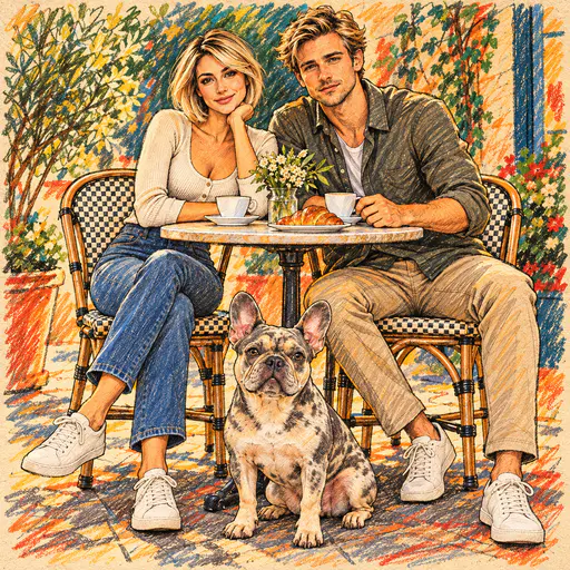 Colored-pencil crosshatch drawing of a couple and their French bulldog at a café table.