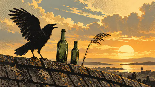 Screenprint-style illustration with halftone sky of a black crow silhouette on a tiled rooftop ridge, beak open and one wing raised; two open-mouthed green bottles and one reed bowing in the gust stand in a row before it under a backlit late-afternoon sun.