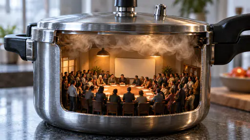 A pressure cooker: a cutaway pressure cooker with its lid closed holds a tiny crowded meeting room around an oval table, steam gathering above the figures inside the steel body.