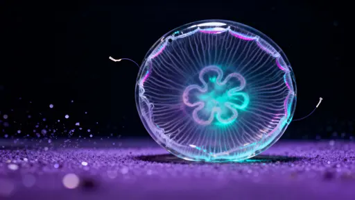 A crown jellyfish rises in still midnight water with spiral tentacles and internal cyan-teal bioluminescence edged in magenta, framed centrally against an abyssal backdrop with protected negative space.