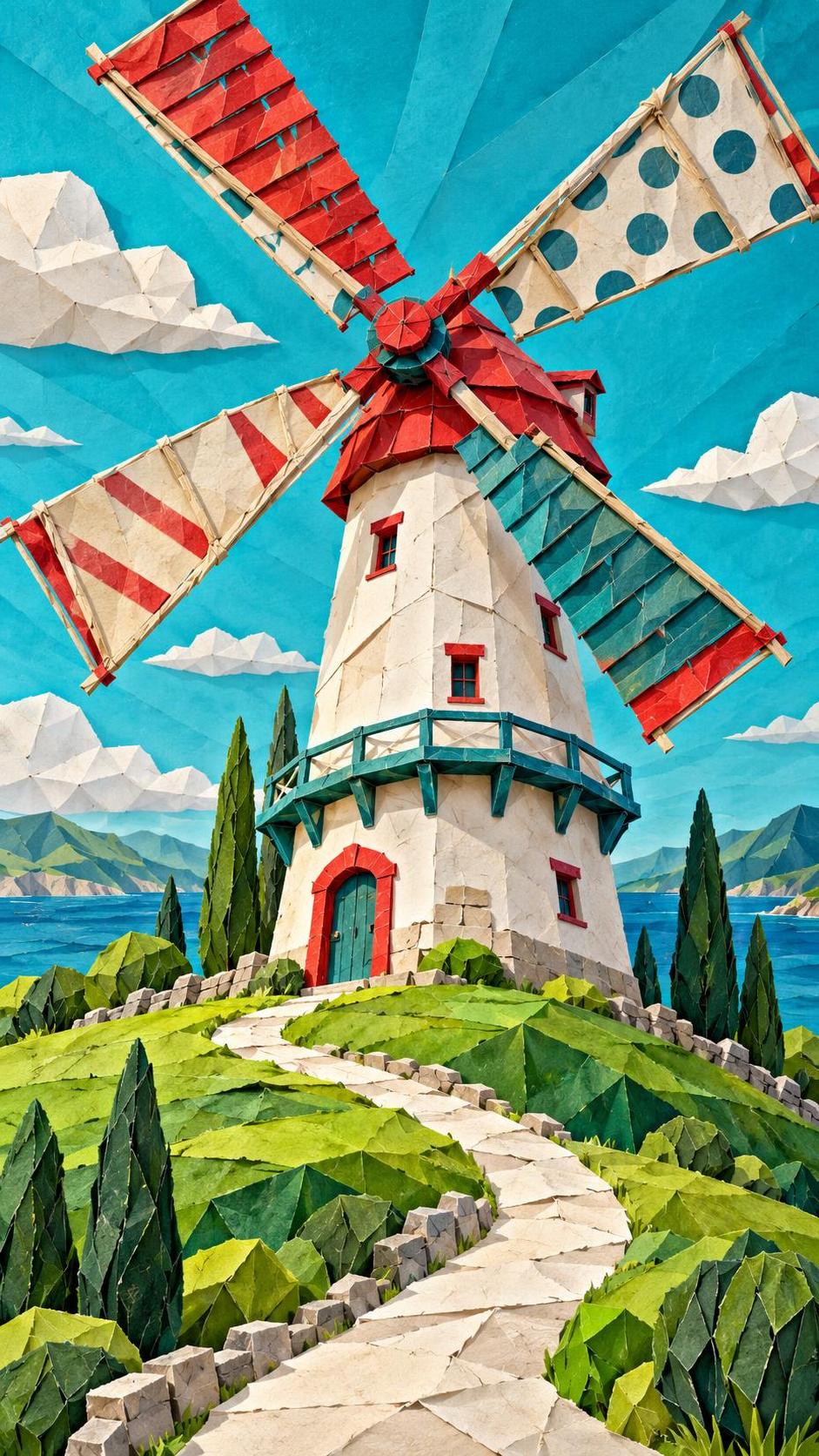 A whimsical windmill has blades that are a collage of painted wood, patterned fabric sails and rope and stands on a green hill with a winding path and a bright sky.