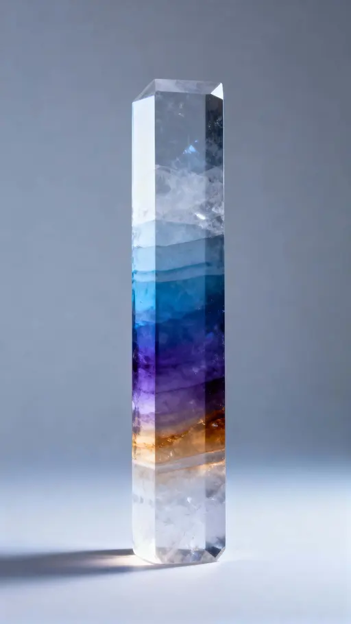 A tall crystal matrix slab stands upright on a smooth reflective surface, its layered interior shifting with blue, violet, and amber gradients against a soft gray background.