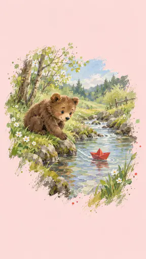 Gouache storybook slice of a bear cub releasing a red origami boat into a spring stream, dissolving into soft washes on a pale blush field.