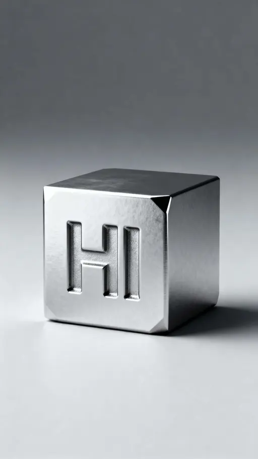 A vertically framed 9:16 close-up of a single 3D cube centered in the frame with HI deeply carved into its front face, slight top-down angle, soft studio shadows, and a clean neutral background.