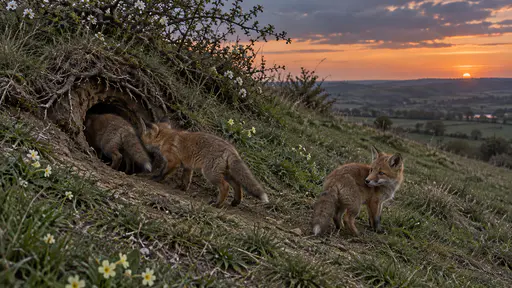 At dusk three fox cubs file one by one into the round entrance of an earth on a grassy bank, the first half inside and the last on the slope looking back over its shoulder under a deep orange and blue glow.