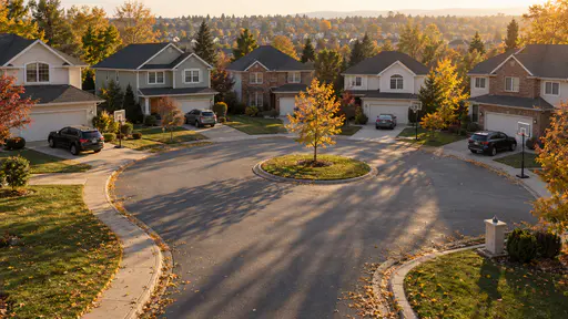 An elevated view down a suburban cul-de-sac of two-storey houses in cream, sage and brick with parked cars and basketball hoops, a grass island with a young maple, long tree shadows on the road and fallen yellow leaves.