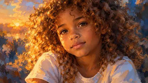 A child with voluminous golden brown curls and warm brown skin looks quietly toward the viewer in raking amber sunset light against cool blue shadows.