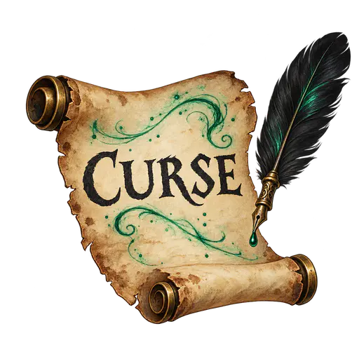 An aged torn parchment scroll with brass roll caps reads CURSE in black capitals, with emerald flourishes and a black feather quill dripping green ink on transparency.