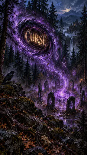 Gold CURSE letters glow inside a violet spiral rising from a circle of rune-marked stones in a dark fir forest, with a raven, distant castle and waterfall.