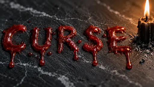The word CURSE written in melted red wax with a long drip beneath each letter on black veined slate, a few wax beads scattered between letters and a black candle burning at the right with ash around its base.