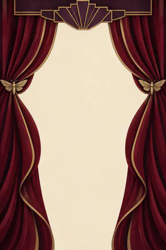 Art-deco poster background with heavy oxblood velvet curtains held by engraved brass moth brooches around a wide blank ivory center, a gothic halloween invitation background with copy space.