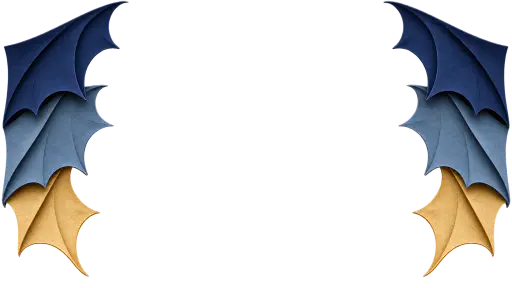 Two hanging curtains built from layered cut-paper bat-wing folds in indigo, saffron, smoke blue and parchment, framing an open transparent center like a Halloween paper theatre frame.