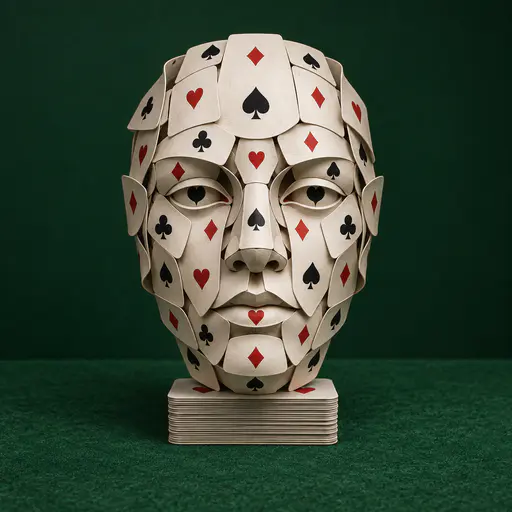 Poker face: overlapping curved playing cards form an expressionless face resting on a stack above a green felt poker table.