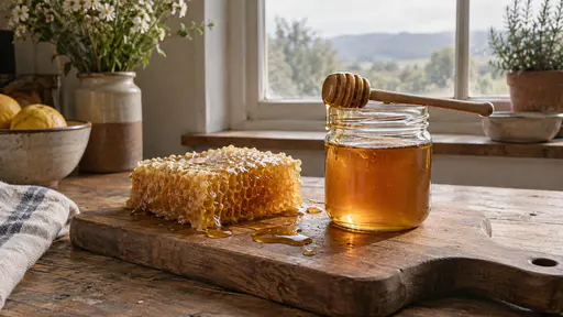 A square of cut honeycomb sits on a wooden board beside an open glass jar of runny amber honey with a wooden dipper resting across its rim in warm kitchen window light.