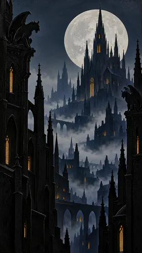 A gothic city of tall spires and gargoyle-crowned towers in layers of near-black, indigo and grey fog, a large pale moon behind the central spire, amber windows.