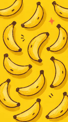 Ripe bananas drawn as chunky cut paper shapes with dark outlines and brown stem tips are scattered at playful angles across a warm sunflower yellow ground.