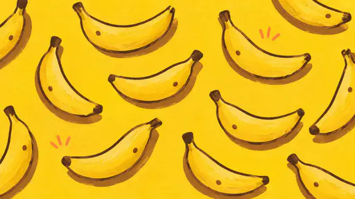 Ripe bananas drawn as chunky cut paper shapes with dark outlines and brown stem tips are scattered at playful angles across a warm sunflower yellow ground.